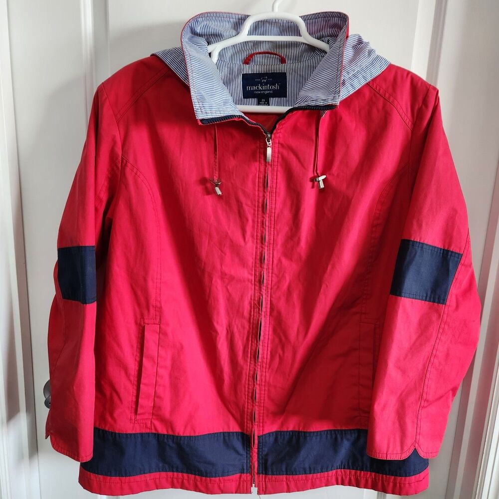 Mackintosh New England Women Red Coat Jacket Sailing Removable Hood 2XL Full Zip